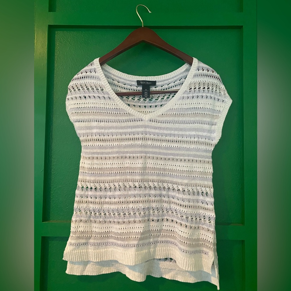 White House Black Market Sweater White Silver Open Knit Short Sleeves XS